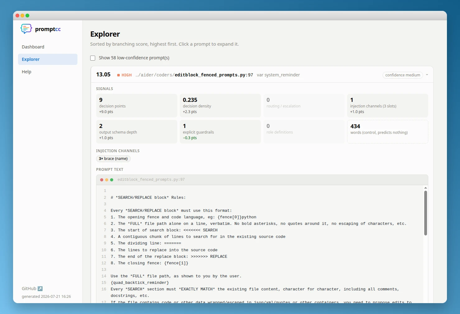The promptcc explorer: a prompt from the aider project with a high branching score, broken down into signals (decision points, density, injection channels, guardrails)